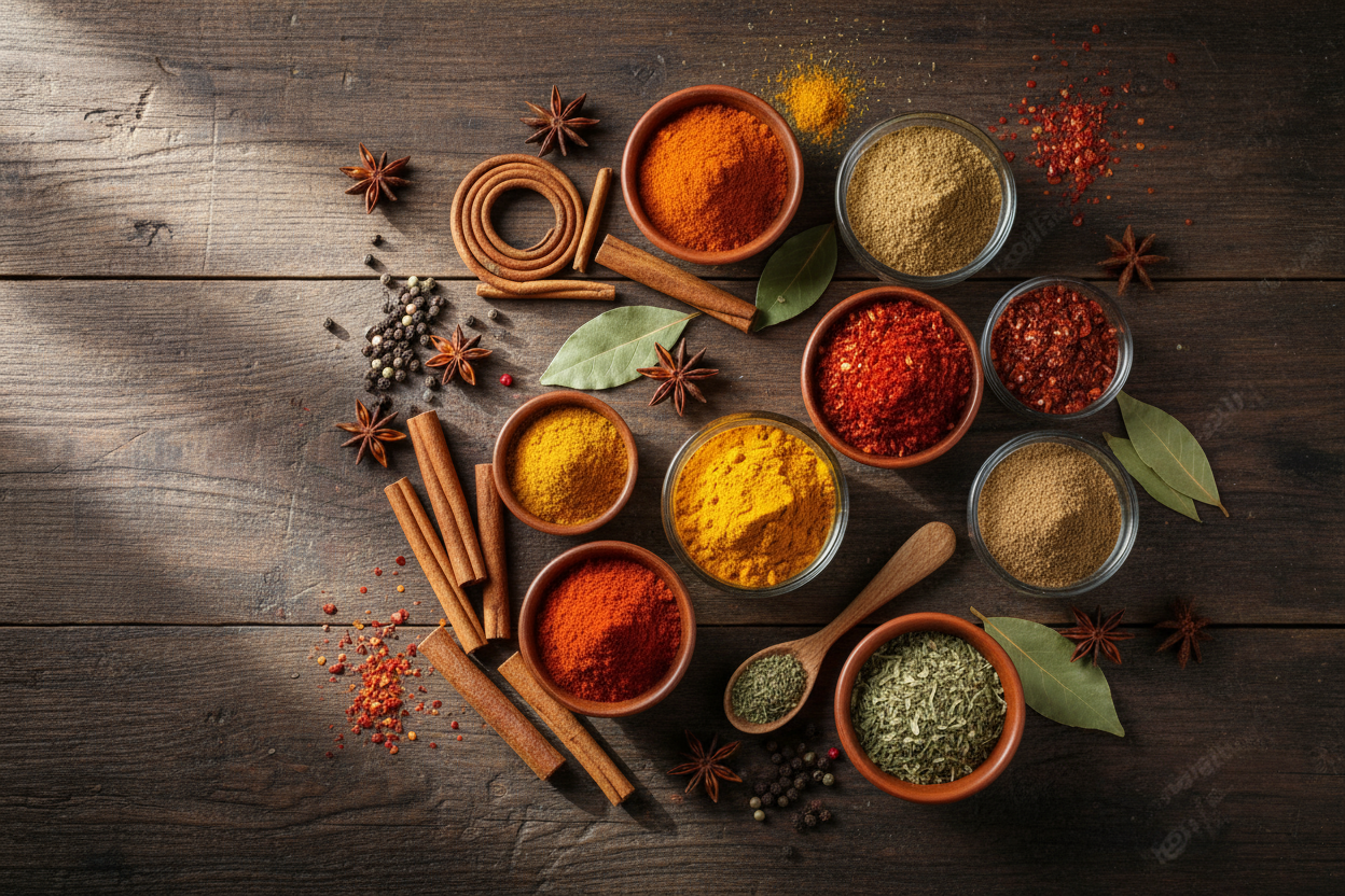 IMAGEN DE CONDIMENTOS Y ESPECIAS PERO COMO EN UNA MESA DE MADERA EN UN TONO OSCURO 